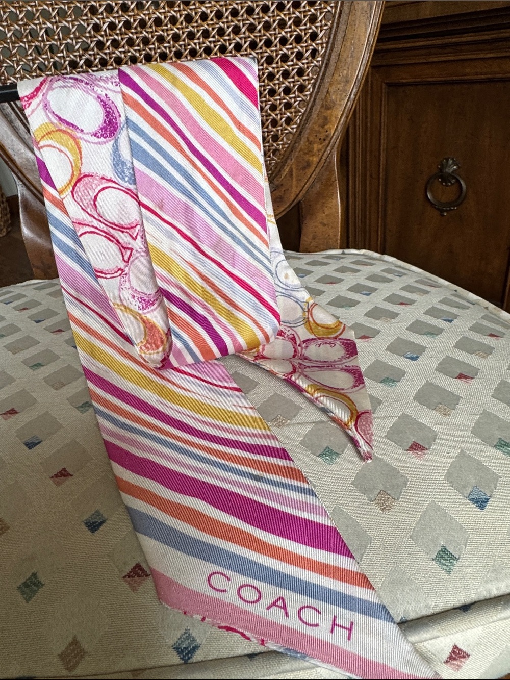 Coach Striped Silky Scarf in Pink, Yellow, Blue & White